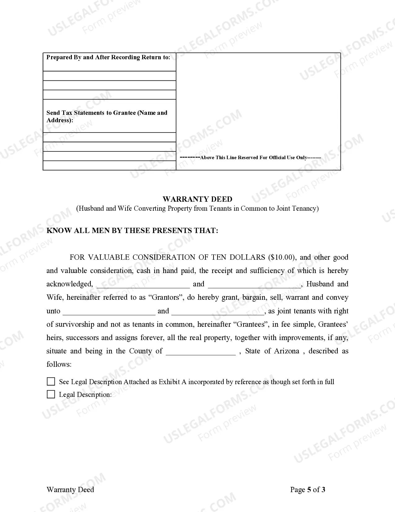 Preview Warranty Deed for Husband and Wife Converting Property from Tenants in Common to Joint Tenancy