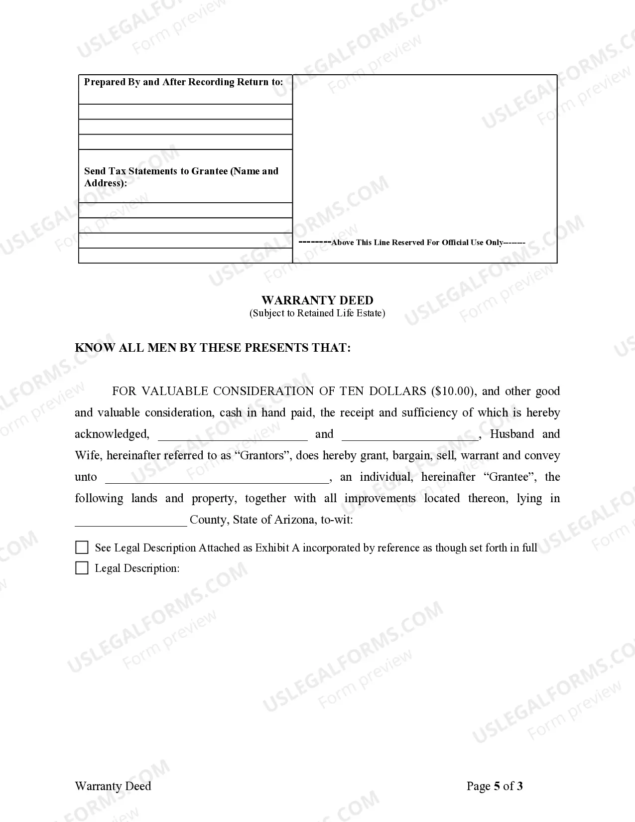 Preview Warranty Deed for Parents to Child with Reservation of Life Estate