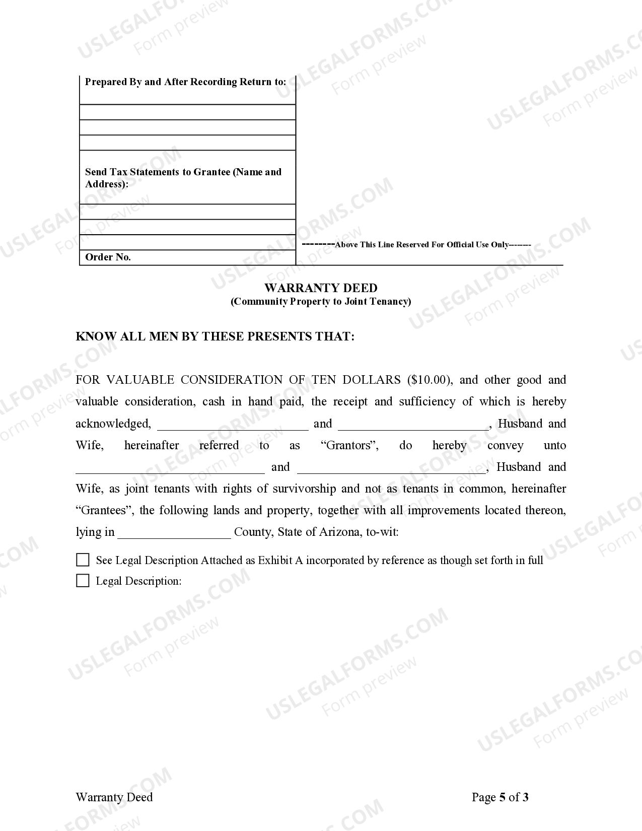 Arizona Warranty Deed to convert Community Property to Joint Tenancy