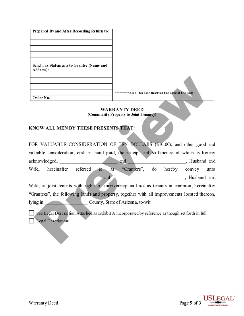 Preview Warranty Deed to convert Community Property to Joint Tenancy