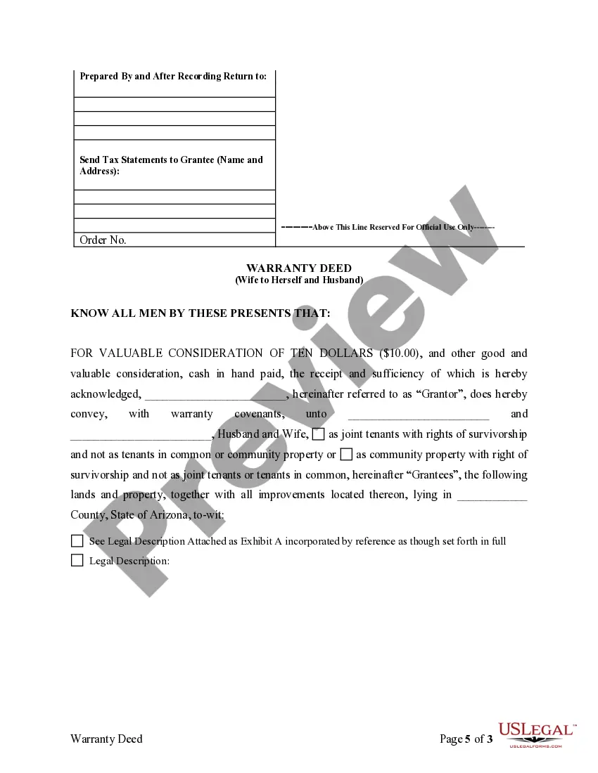 Preview Warranty Deed to Separate Property of one Spouse to both as Joint Tenants or as Community Property with Right of Survivorship