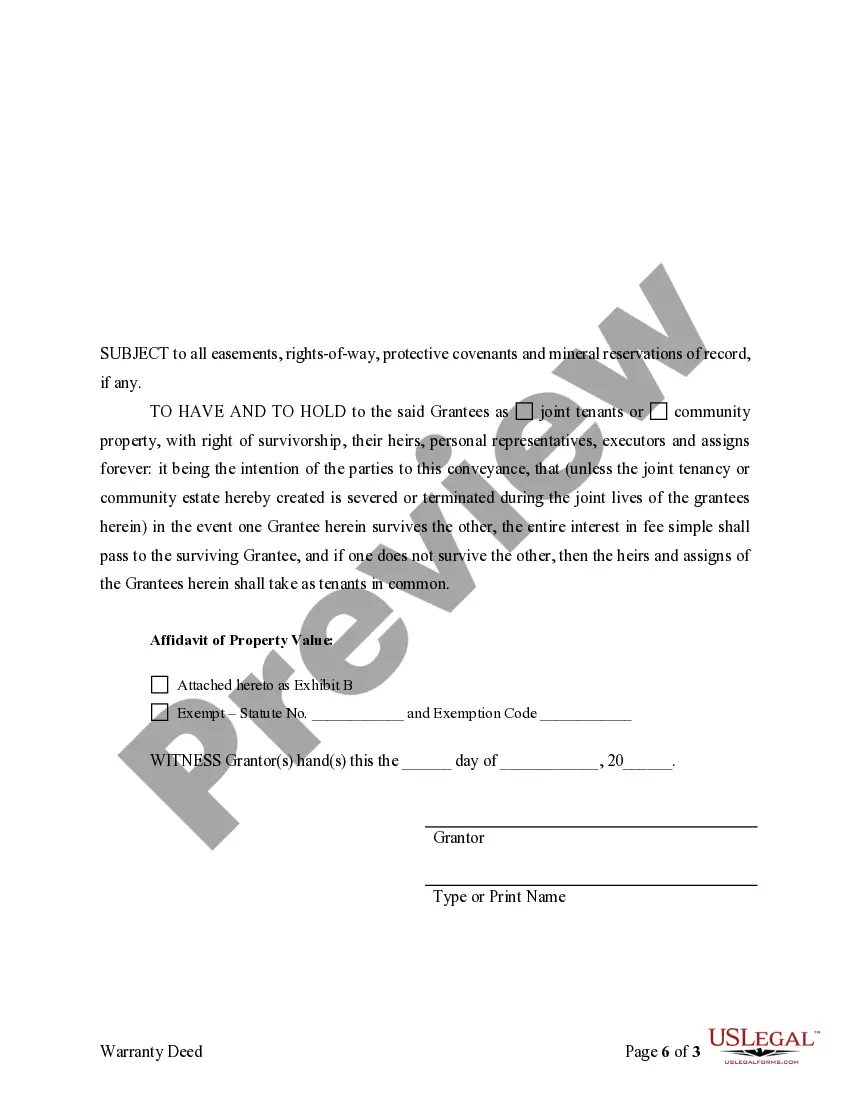 Preview Warranty Deed to Separate Property of one Spouse to both as Joint Tenants or as Community Property with Right of Survivorship