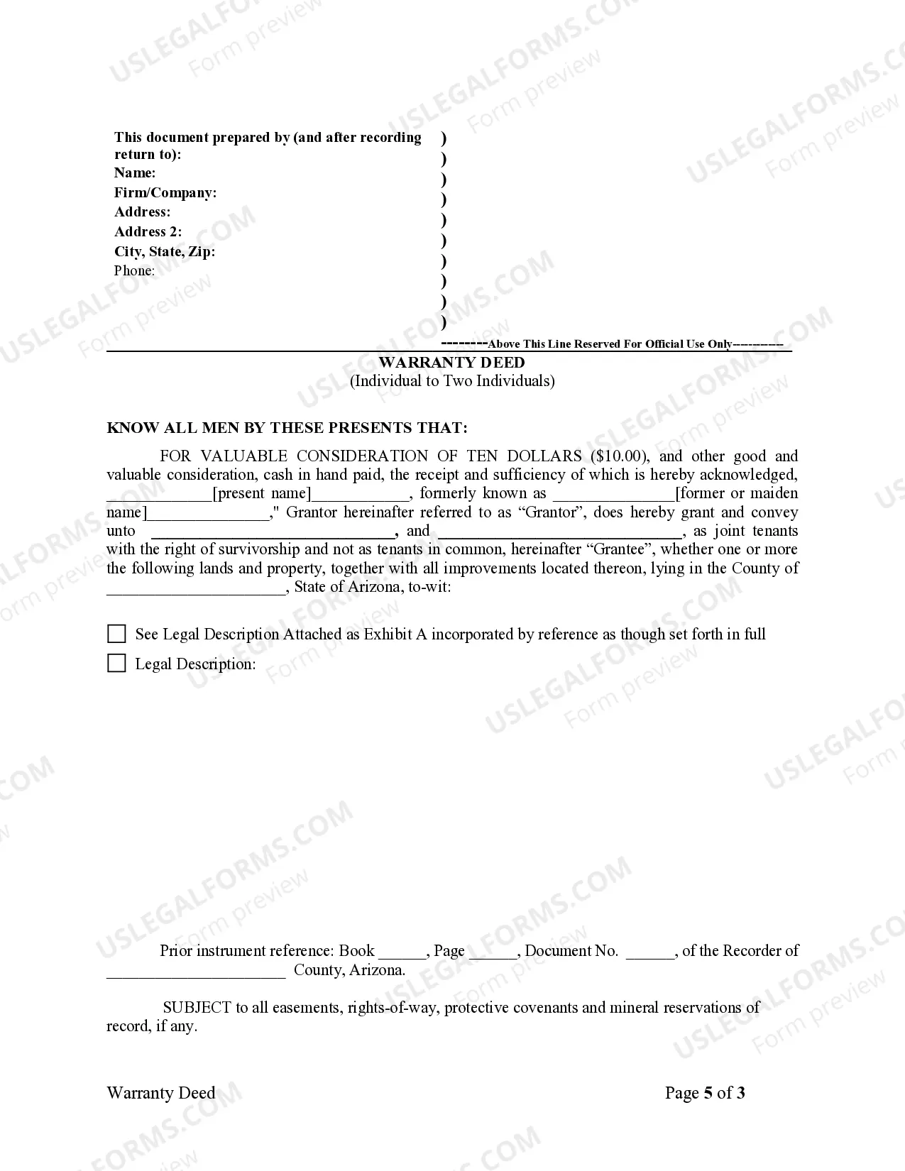 Preview Warranty Deed from Individual to Two Individuals as Joint Tenants with the Right of Survivorship