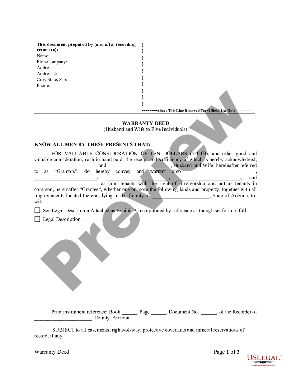 Tempe Arizona Warranty Deed For Husband And Wife To Five Individuals As Joint Tenants Us Legal 
