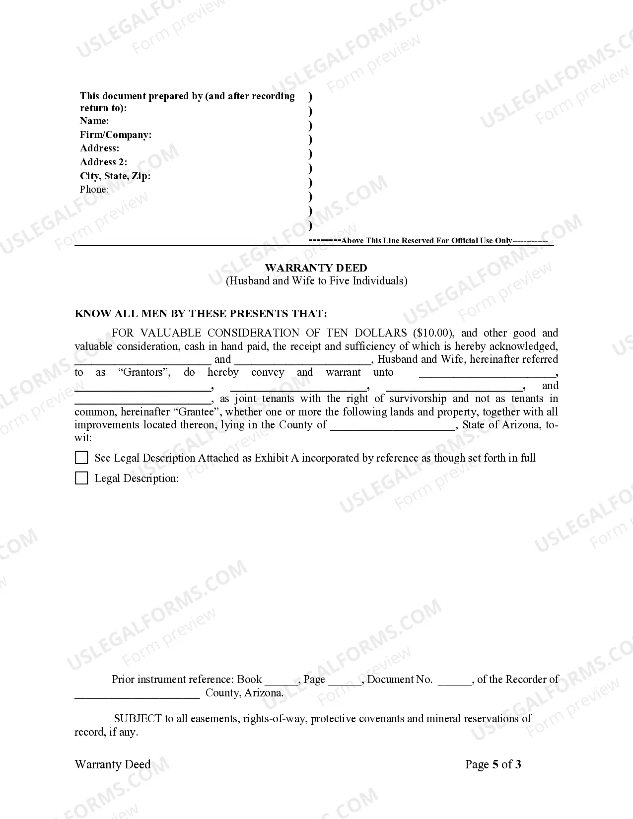 Preview Warranty Deed for Husband and Wife to Five Individuals as Joint Tenants