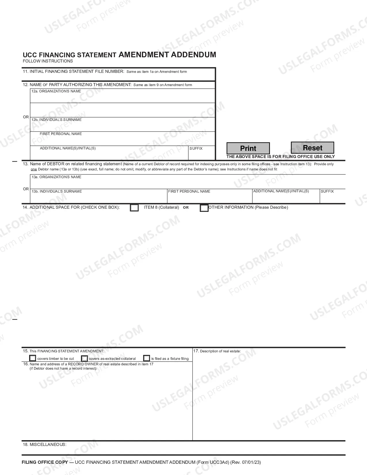Preview Arizona UCC3 Financing Statement Amendment Addendum