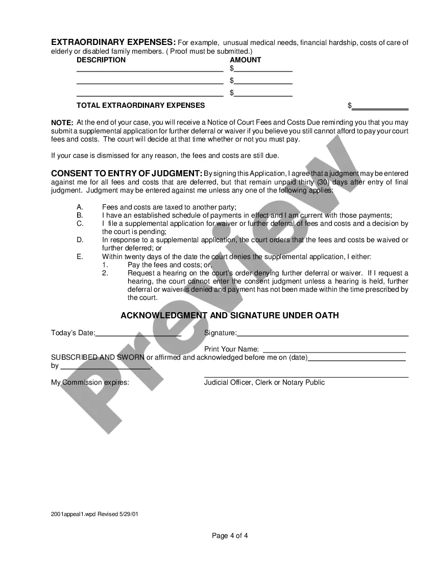 Get Application for Deferral of Court Fees and or Costs and Consent to Entry of Judgment - Appellate Court Use Preview Application for Deferral of Court Fees and or Costs and Consent to Entry of Judgment - Appellate Court Use