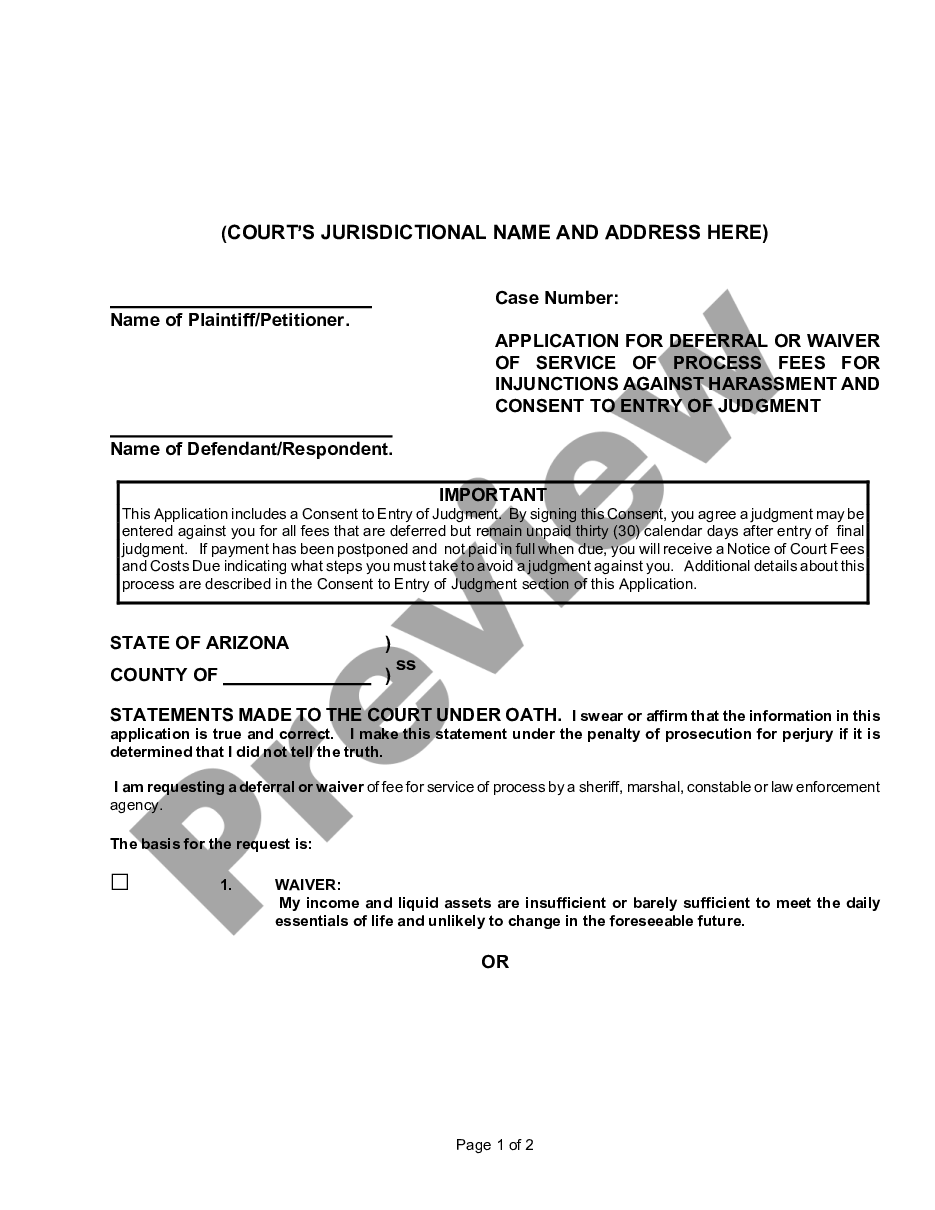 page 0 Application for Deferral or Waiver of Court Fees for Orders of Protection and Injunctions Against Harassment and Consent to Entry of Judgment preview