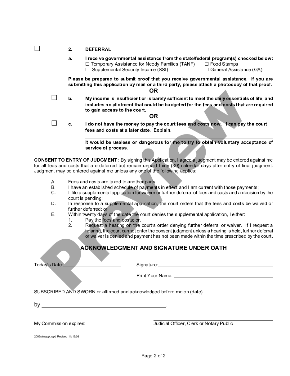 page 1 Application for Deferral or Waiver of Court Fees for Orders of Protection and Injunctions Against Harassment and Consent to Entry of Judgment preview