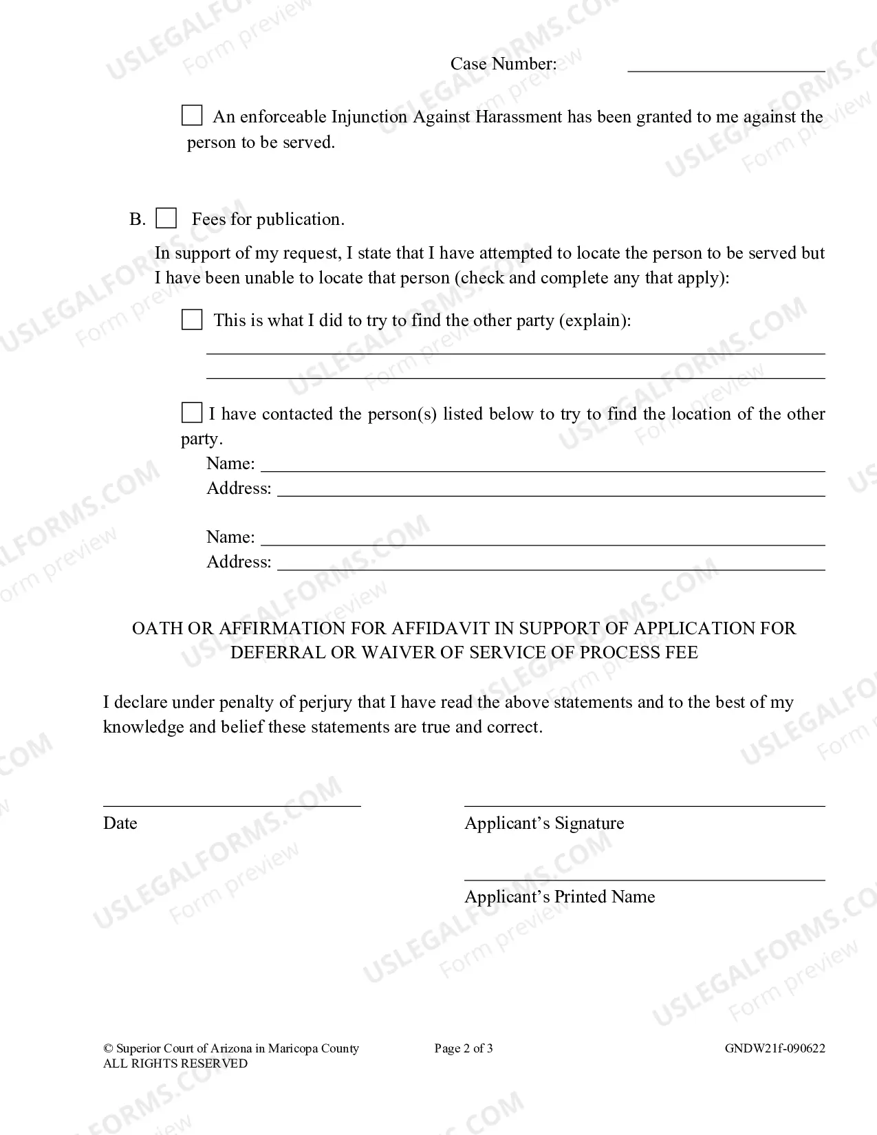 Preview Affidavit In Support Of Application For Deferral Or Waiver Of Service Of Process Costs
