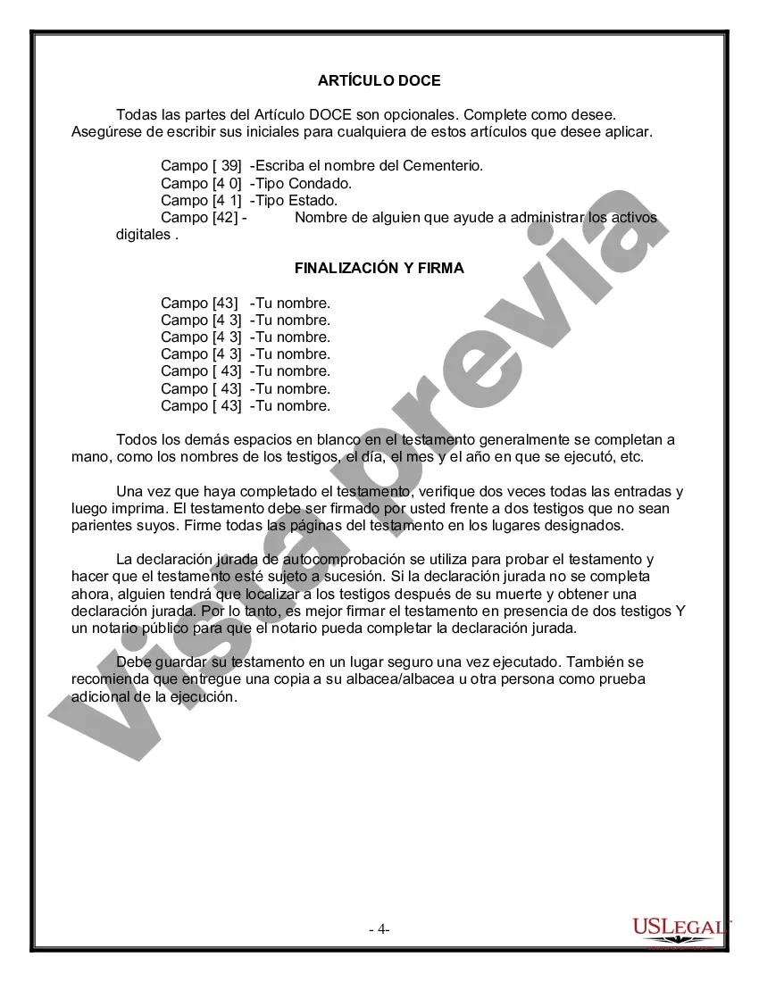Preview Formulario Legal de Última Voluntad y Testamento para una Persona Soltera con Hijos Menores