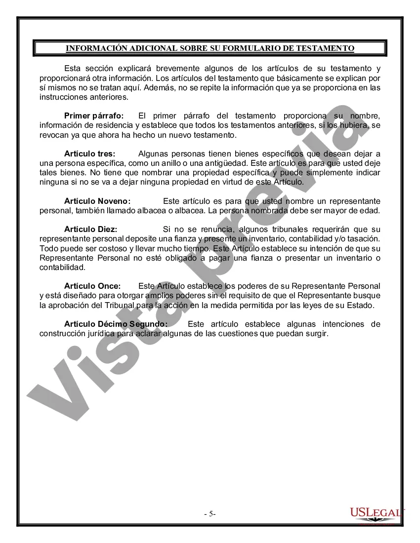 Preview Formulario Legal de Última Voluntad y Testamento para una Persona Soltera con Hijos Menores