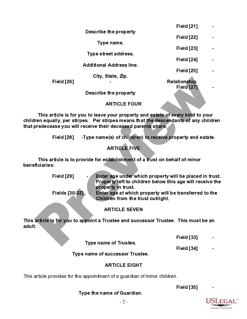 Preview Last Will and Testament for Single Person with Adult and Minor Children