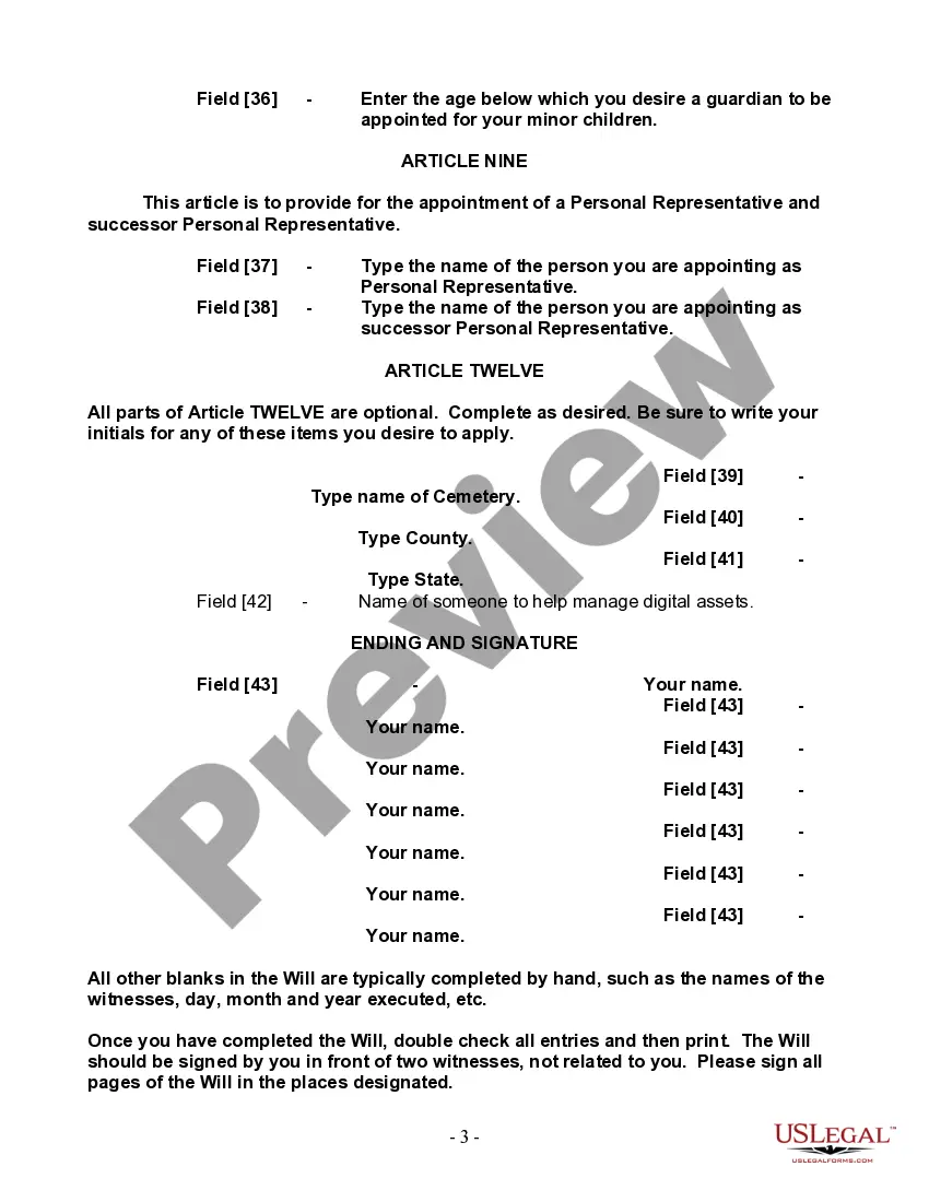 Preview Last Will and Testament for Single Person with Adult and Minor Children