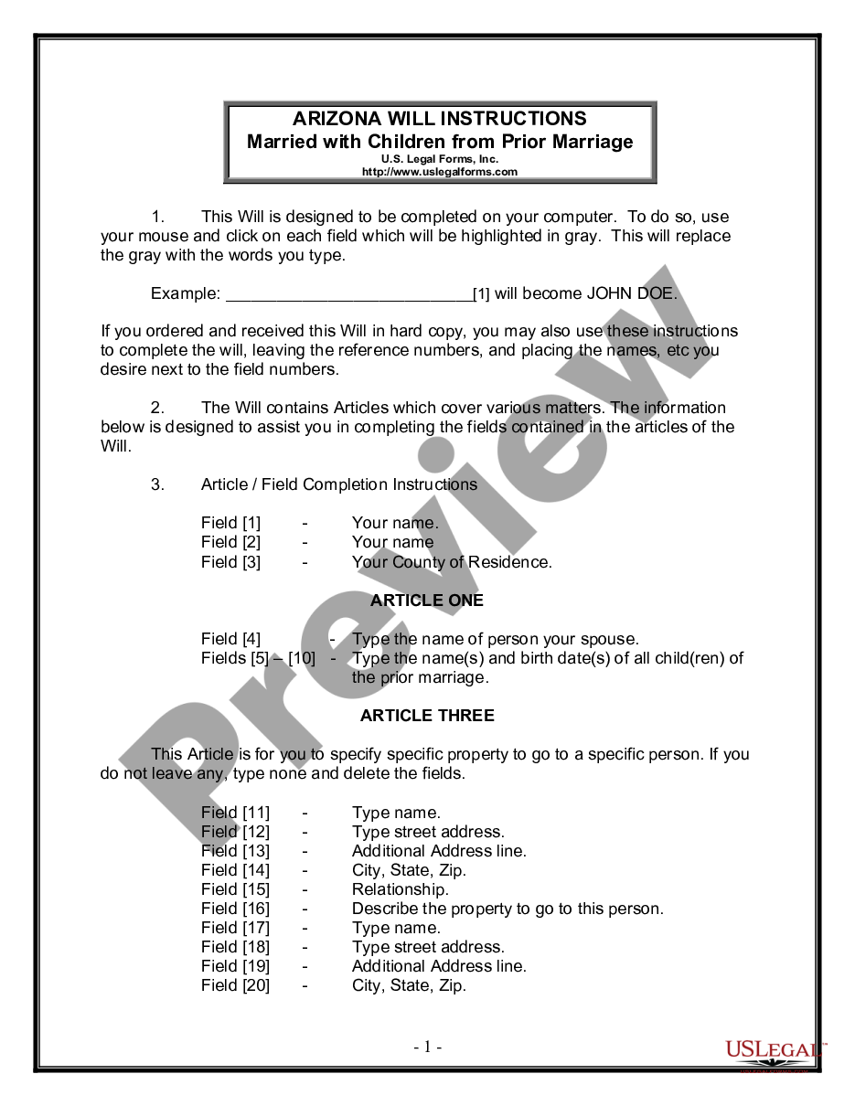 page 0 Legal Last Will and Testament for Married person with Minor Children from Prior Marriage preview
