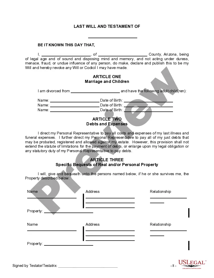 Preview Last Will and Testament for Divorced person not Remarried with Adult Children