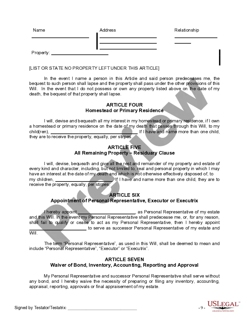 Preview Last Will and Testament for Divorced person not Remarried with Adult Children