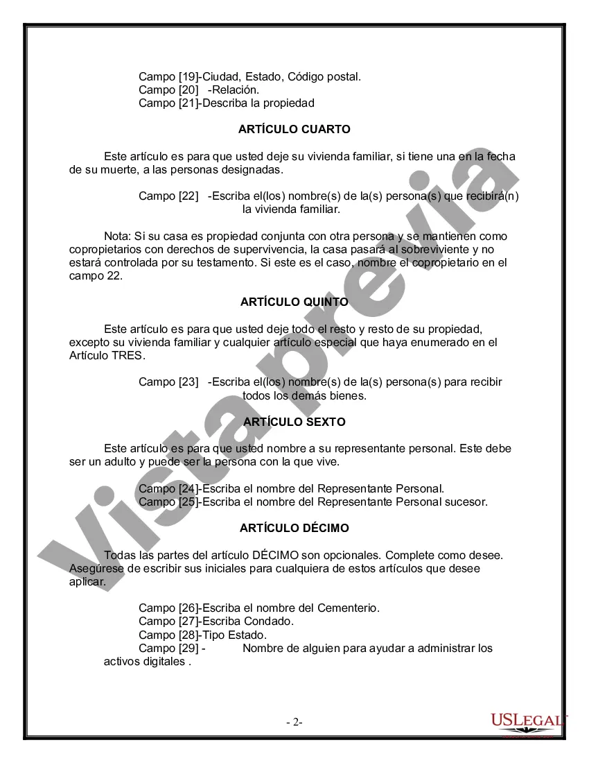 Preview Formulario de última voluntad y testamento legal para personas divorciadas que no se han vuelto a casar y no tienen hijos