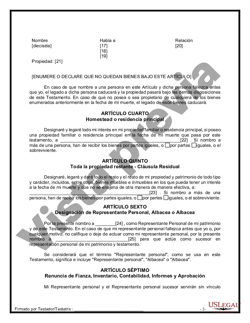 Preview Formulario de última voluntad y testamento legal para personas divorciadas que no se han vuelto a casar y no tienen hijos