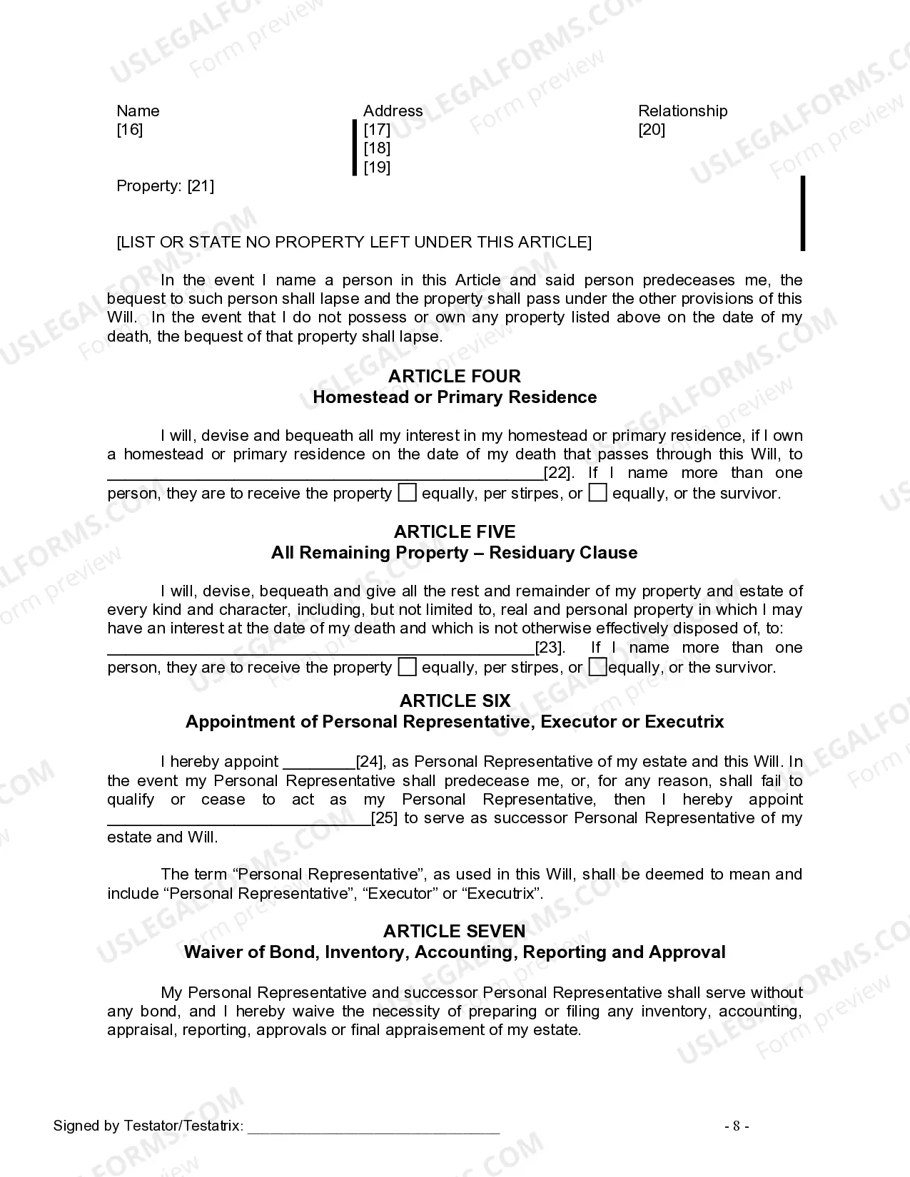 Preview Last Will and Testament for Divorced Person Not Remarried with No Children