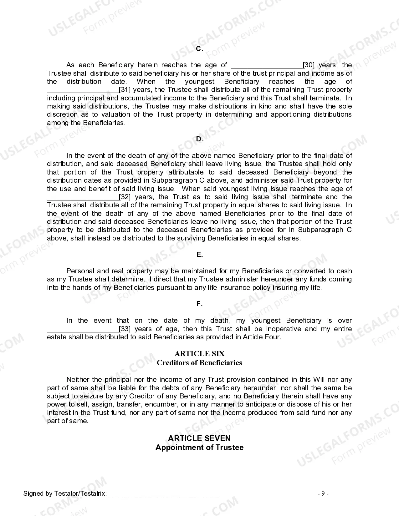 Preview Last Will and Testament for Divorced person not Remarried with Minor Children