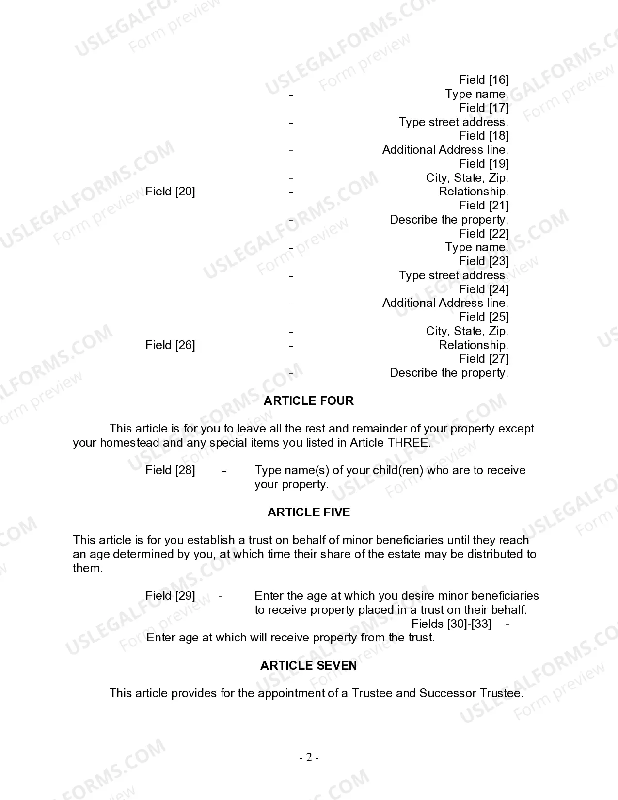 Preview Last Will and Testament for Divorced person not Remarried with Minor Children