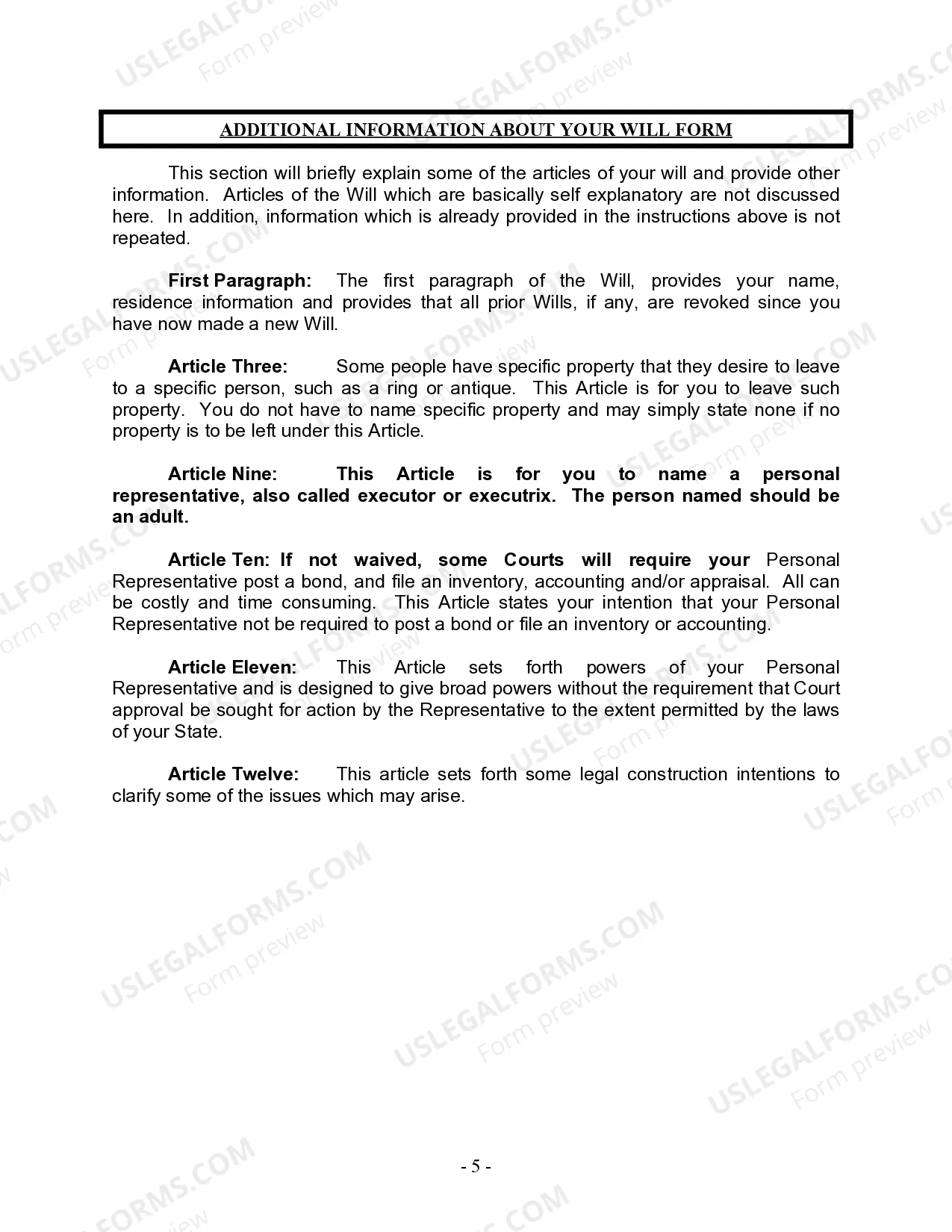 Preview Last Will and Testament for Divorced person not Remarried with Minor Children