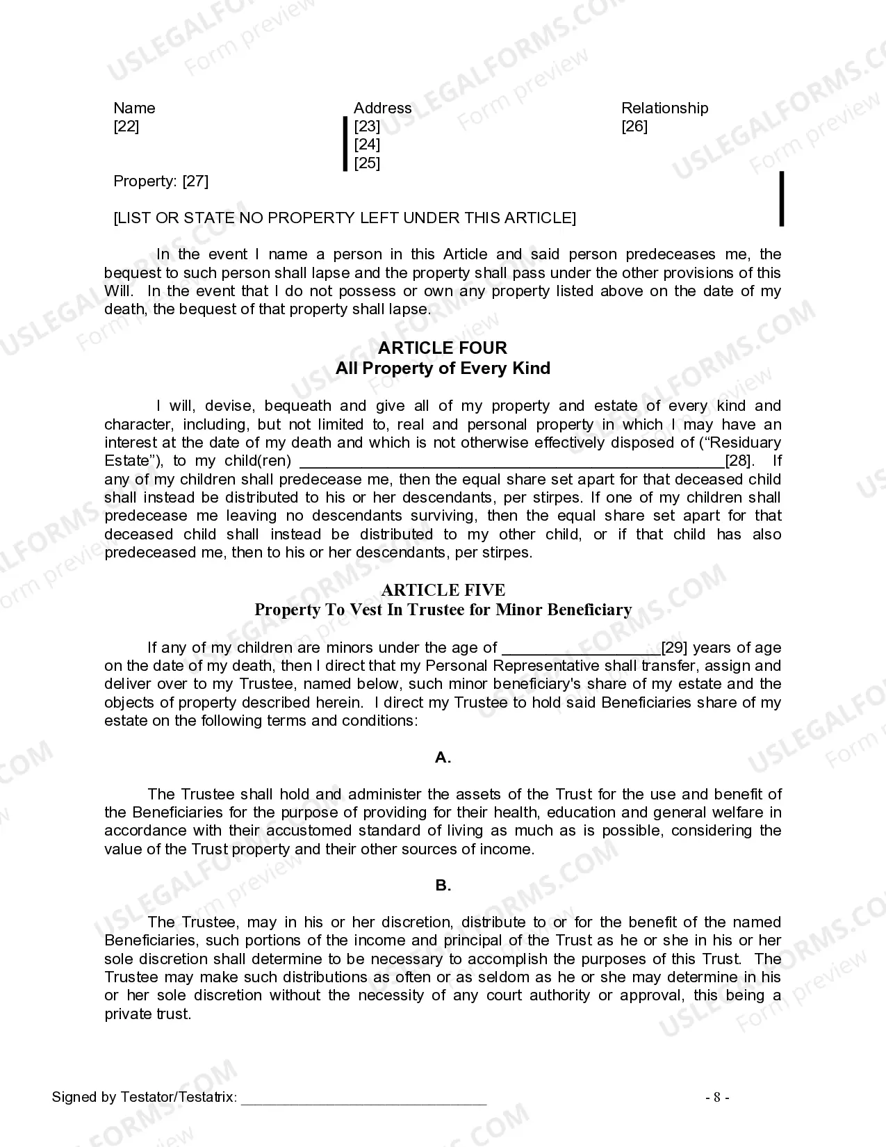 Preview Last Will and Testament for Divorced person not Remarried with Minor Children