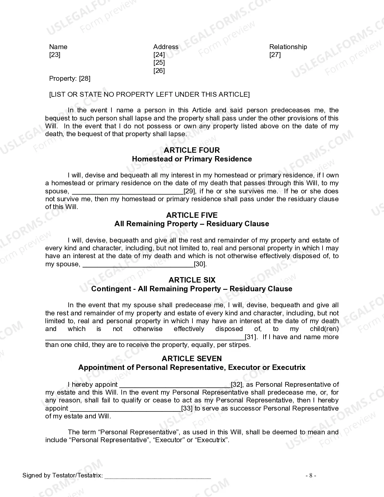 Preview Last Will and Testament for Married person with Adult Children