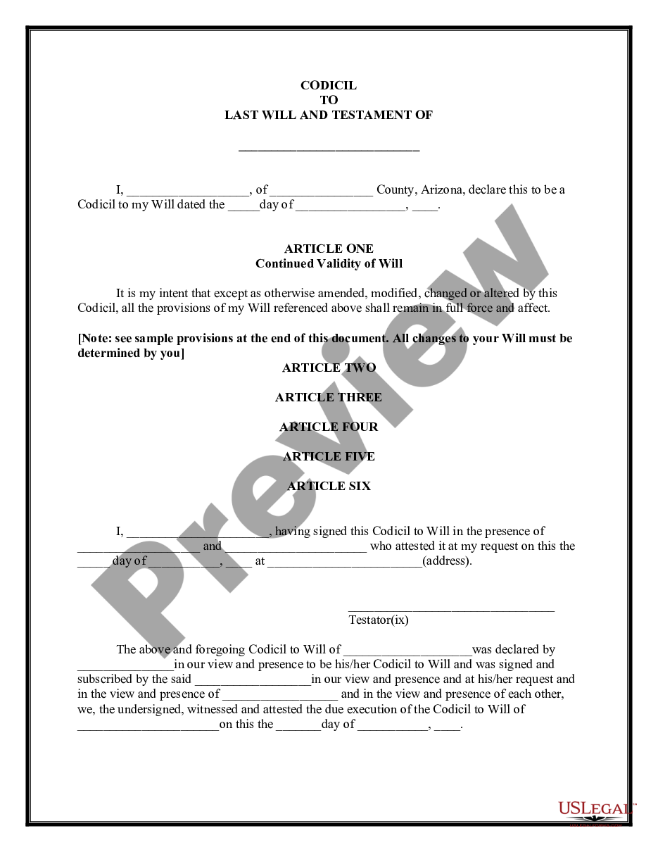 page 0 Codicil to Will Form for Amending Your Will - Will Changes or Amendments preview