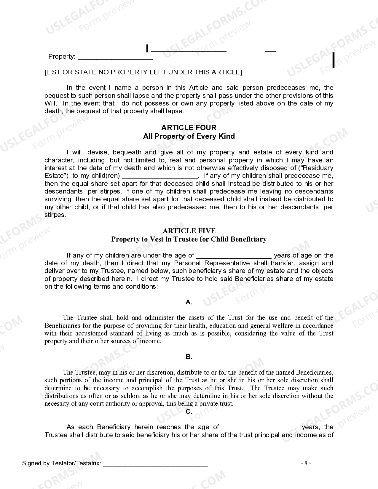 Preview Last Will and Testament for Divorced Person Not Remarried with Adult and Minor Children