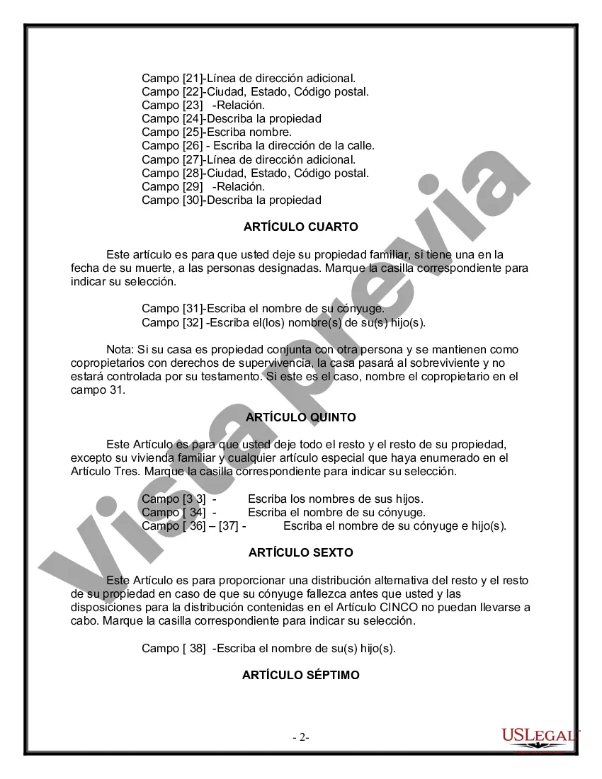 Preview Formulario Legal de Última Voluntad y Testamento para Persona Casada con Hijos Adultos y Menores de Matrimonio Anterior