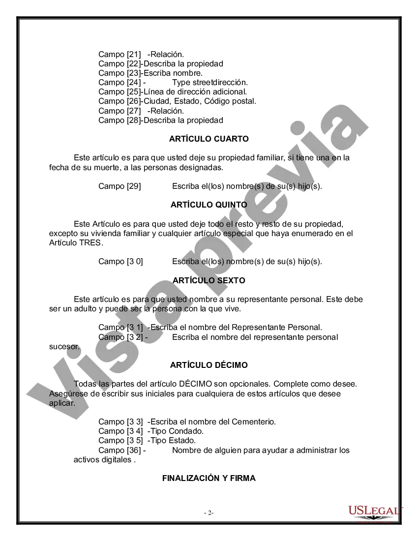 Preview Formulario de testamento y última voluntad legal para viuda o viudo con hijos adultos