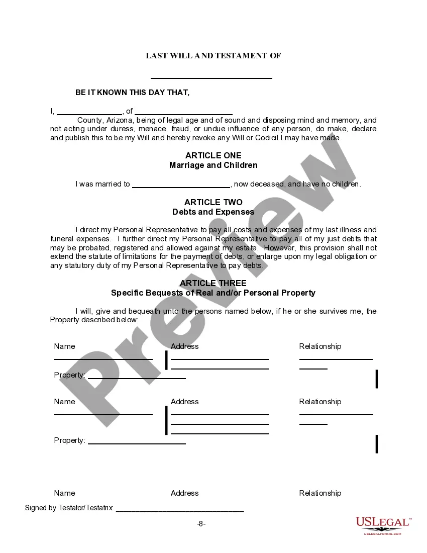 Preview Last Will for a Widow or Widower with no Children