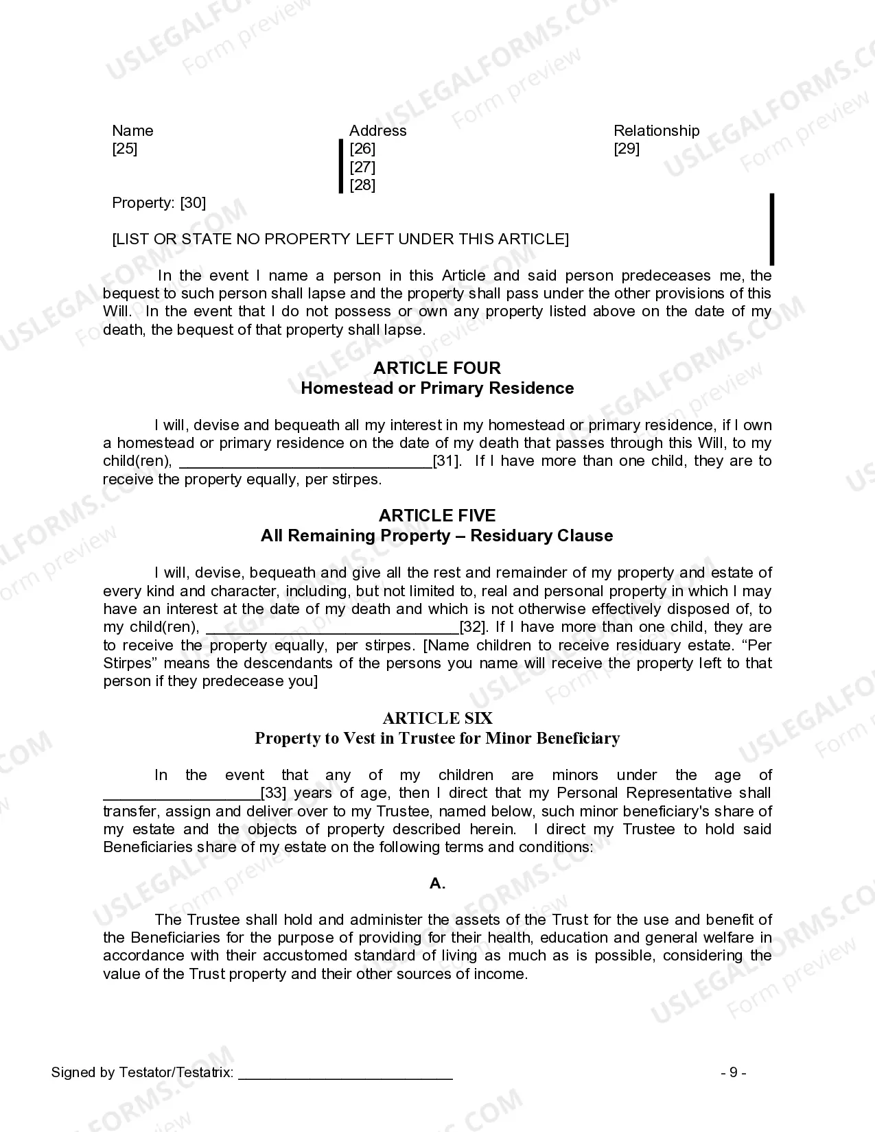 Preview Last Will and Testament for a Widow or Widower with Adult and Minor Children