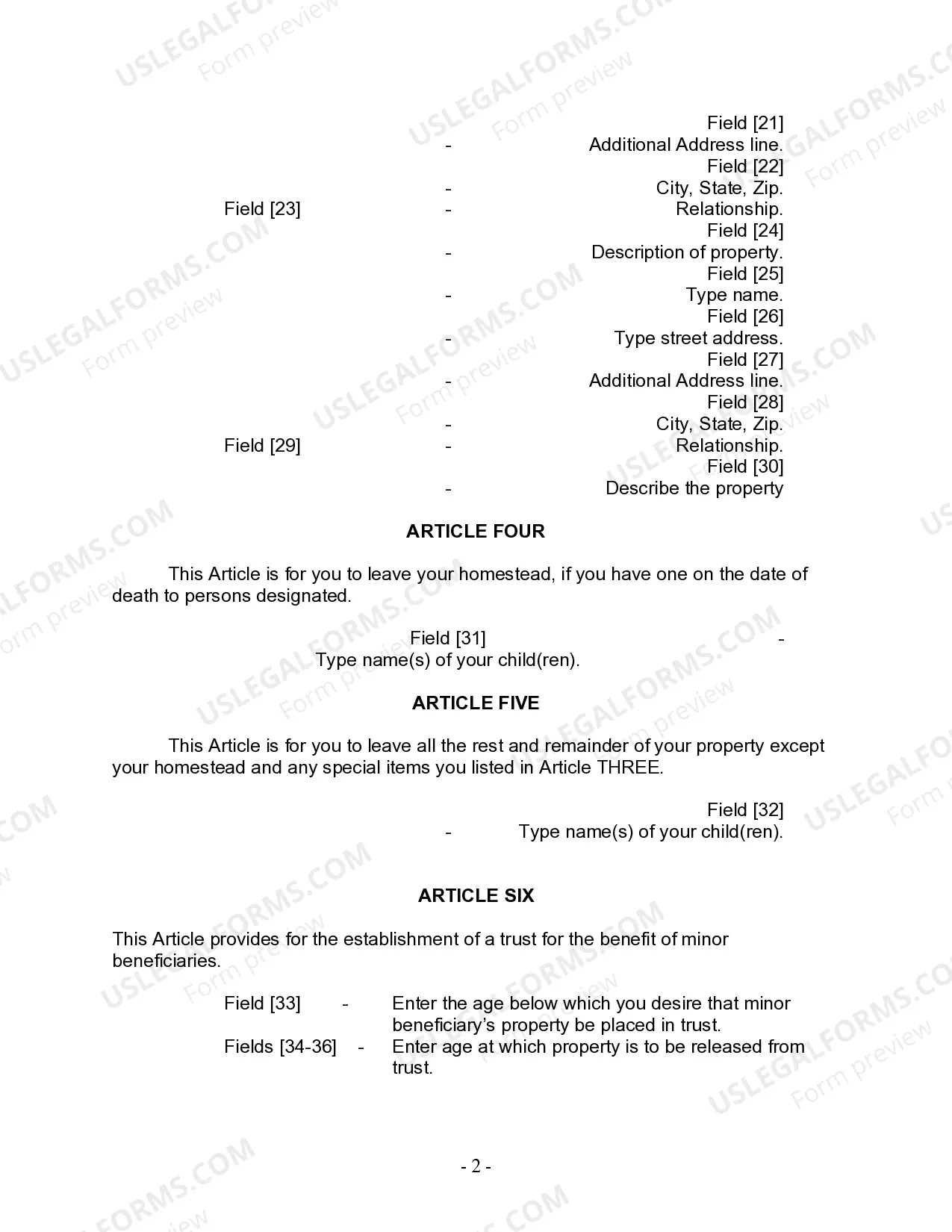 Preview Last Will and Testament for a Widow or Widower with Adult and Minor Children