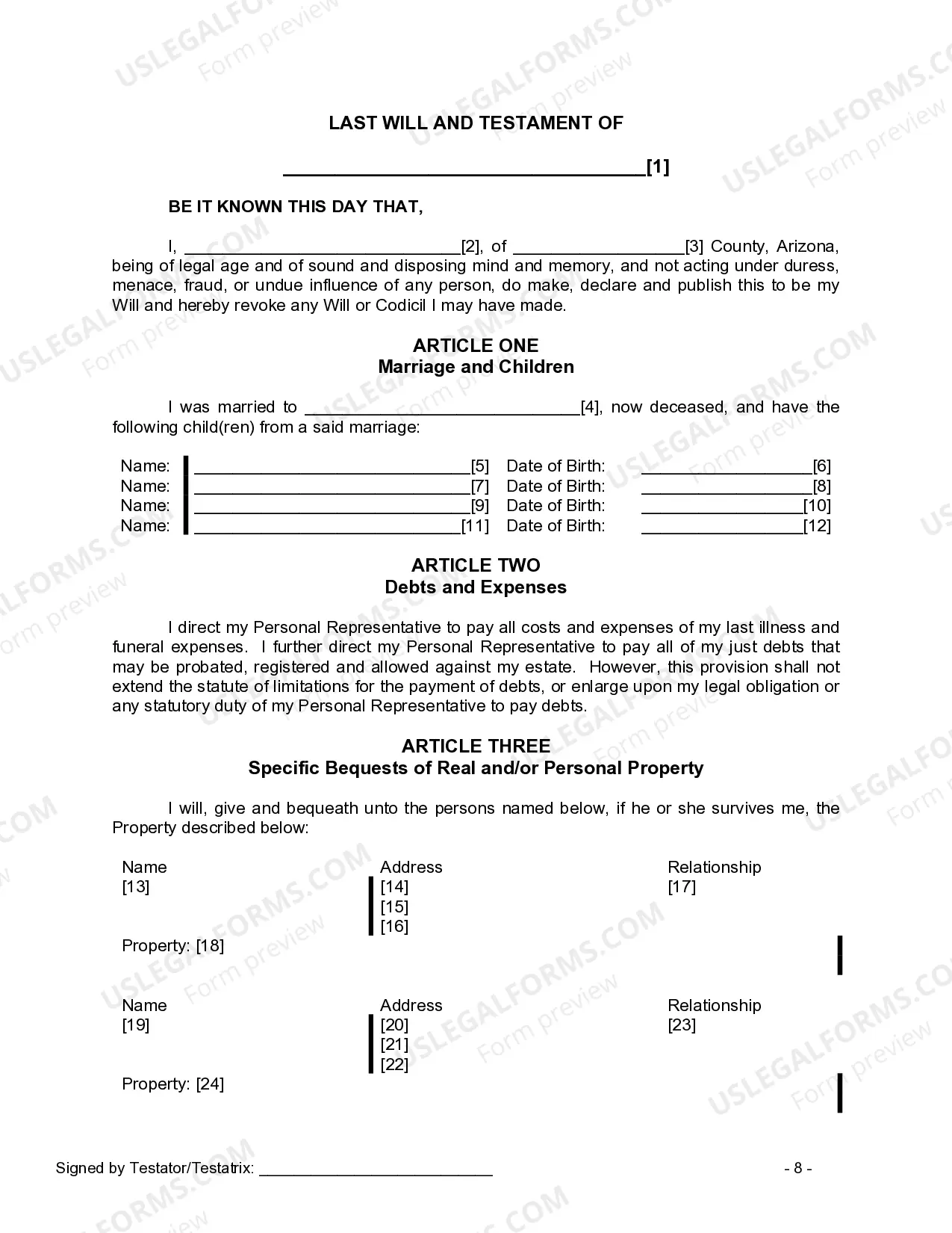 Preview Last Will and Testament for a Widow or Widower with Adult and Minor Children