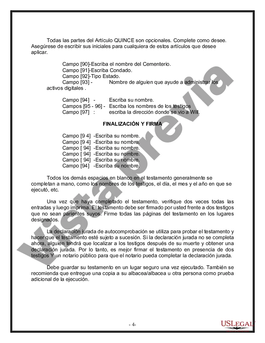 Preview Formulario Legal de Última Voluntad y Testamento para Persona Divorciada y Recasada con Hijos Míos, Tuyos y Nuestros