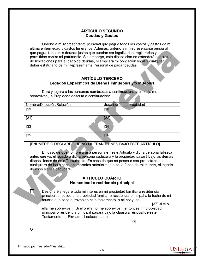 Preview Formulario Legal de Última Voluntad y Testamento para Persona Divorciada y Recasada con Hijos Míos, Tuyos y Nuestros