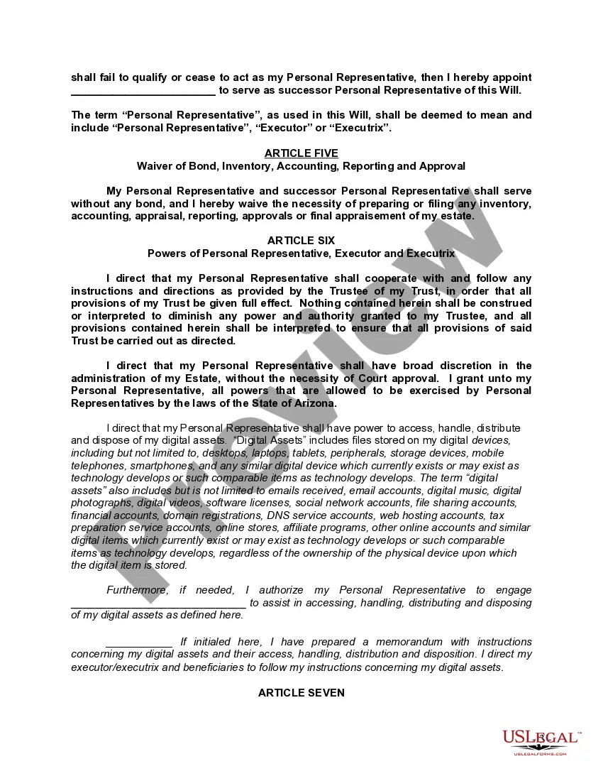 Preview Last Will and Testament with All Property to Trust called a Pour Over Will