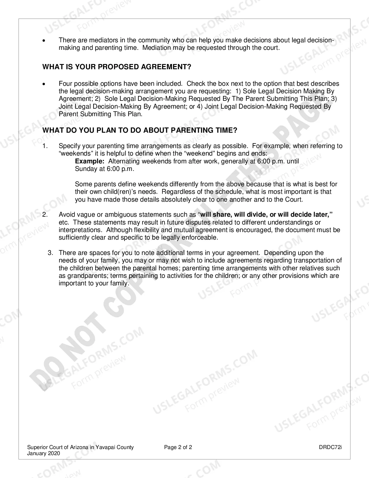 Preview Yavapai County - Instructions for Completing Parenting Time Plan