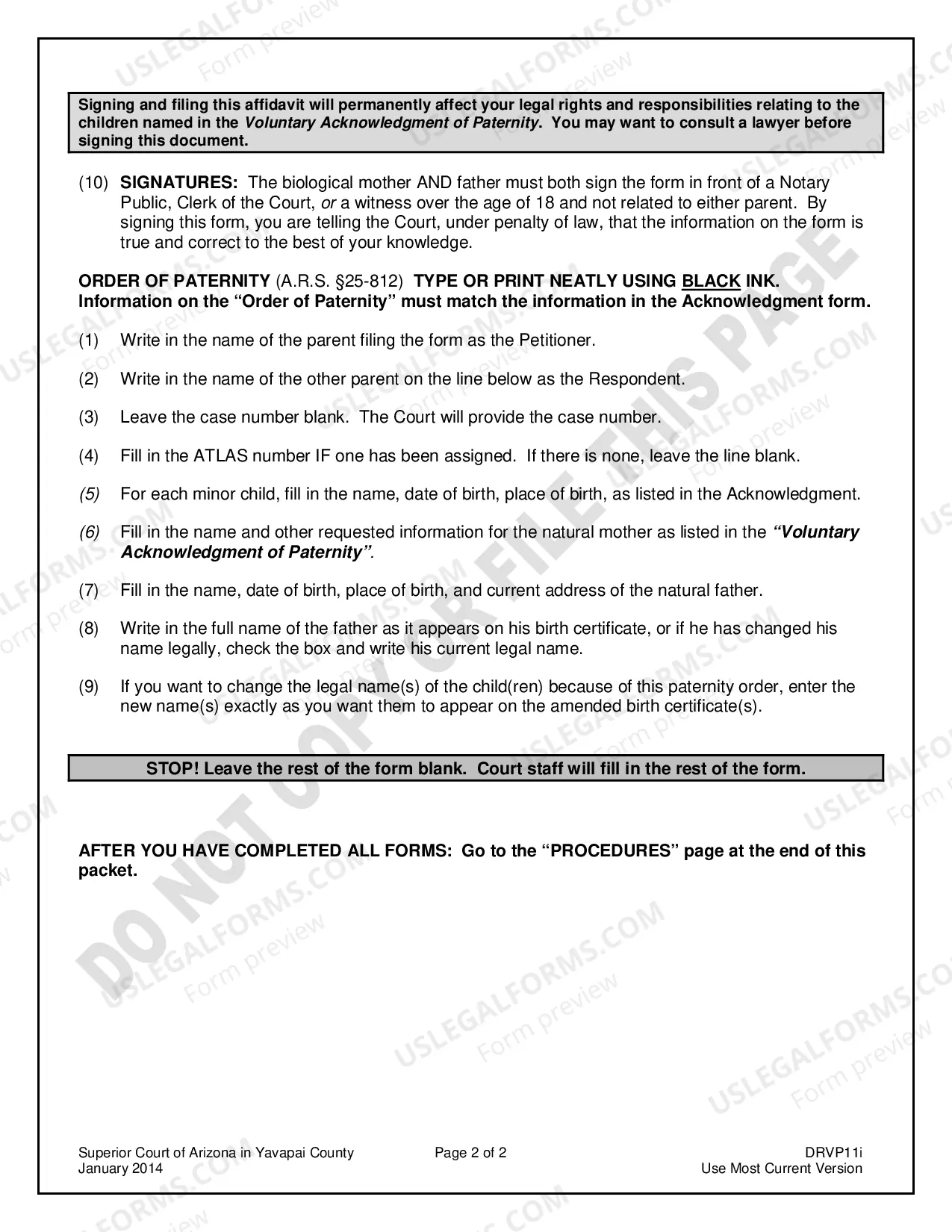 Preview Yavapai County - Instructions for Completing the Request for Order of Paternity