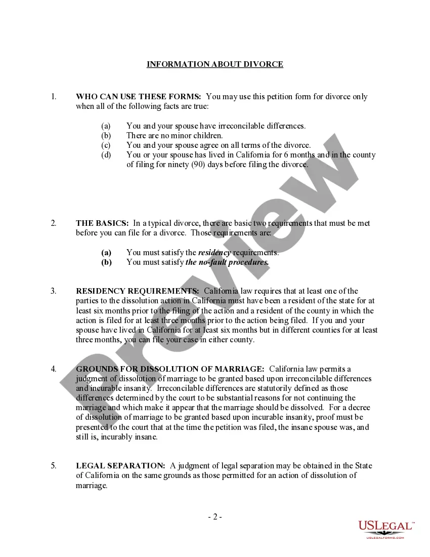 Preview California No-Fault Uncontested Agreed Divorce Package for Dissolution of Marriage with Adult Children and with or without Property and Debts