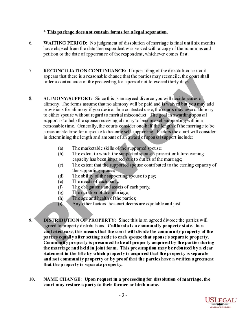 Preview California No-Fault Uncontested Agreed Divorce Package for Dissolution of Marriage with Adult Children and with or without Property and Debts