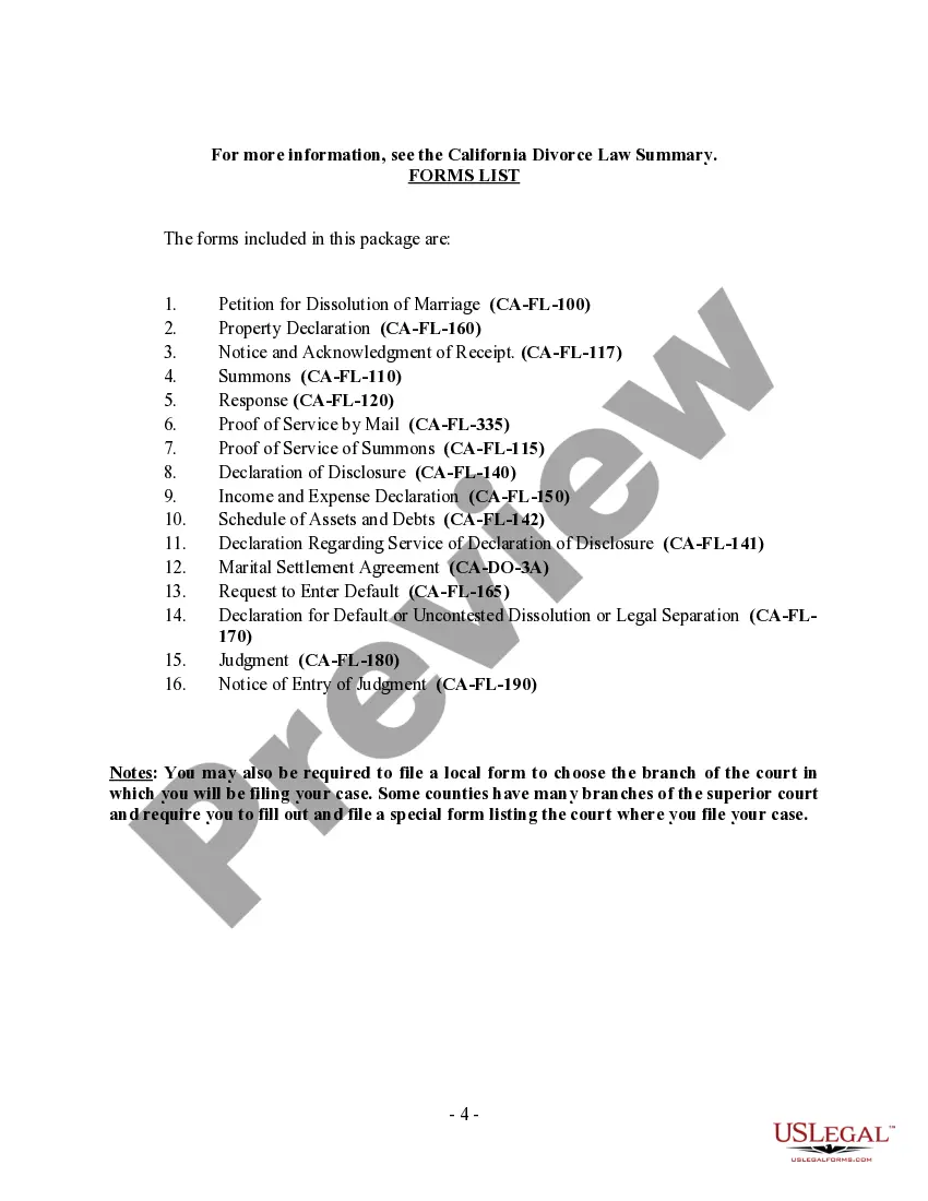 Preview California No-Fault Uncontested Agreed Divorce Package for Dissolution of Marriage with Adult Children and with or without Property and Debts