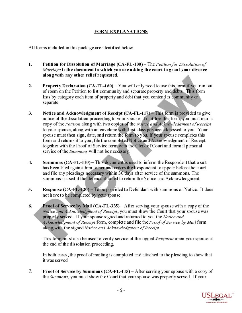 Preview California No-Fault Uncontested Agreed Divorce Package for Dissolution of Marriage with Adult Children and with or without Property and Debts
