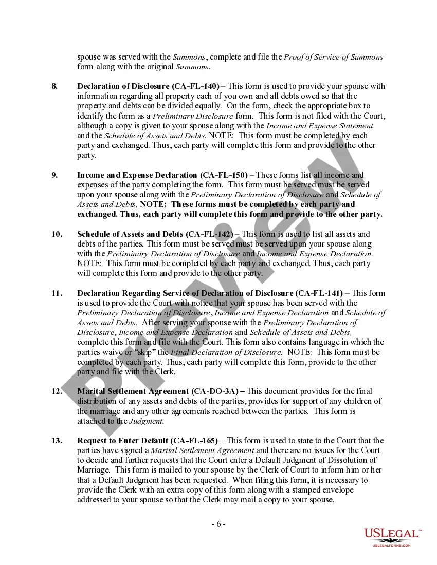 Preview California No-Fault Uncontested Agreed Divorce Package for Dissolution of Marriage with Adult Children and with or without Property and Debts