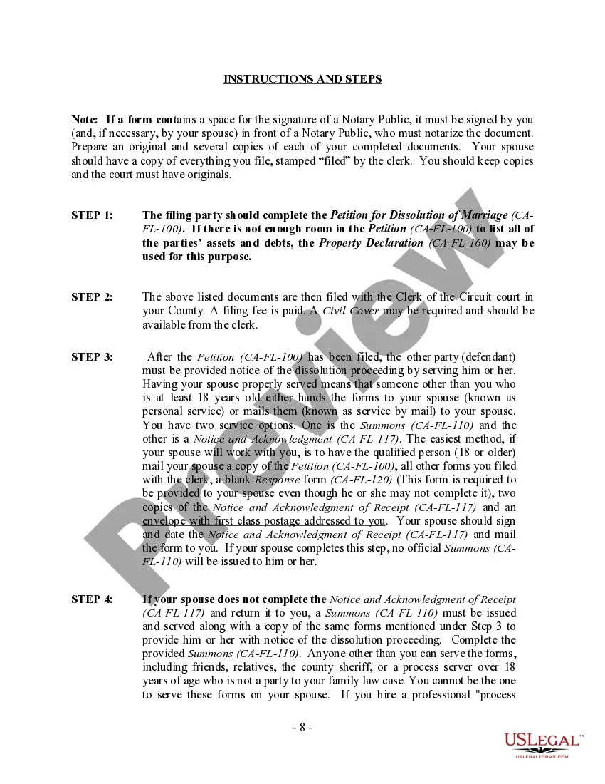 Preview California No-Fault Uncontested Agreed Divorce Package for Dissolution of Marriage with Adult Children and with or without Property and Debts