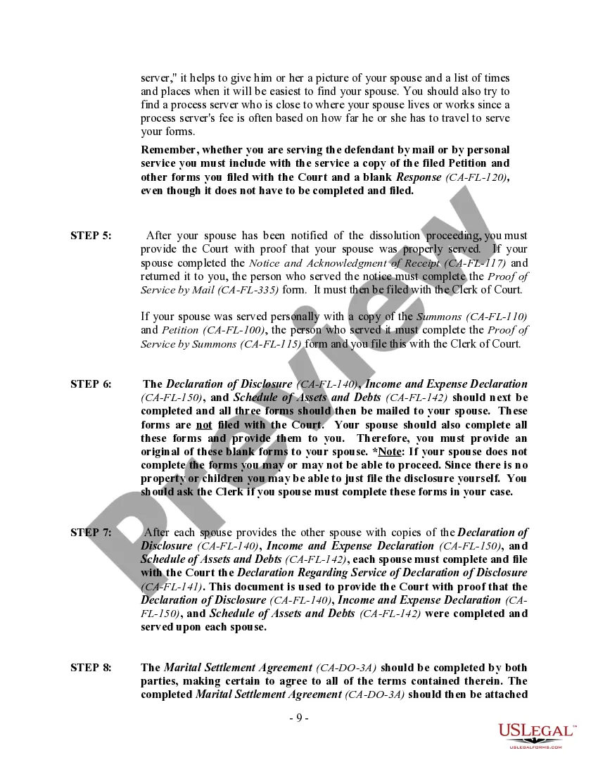 Preview California No-Fault Uncontested Agreed Divorce Package for Dissolution of Marriage with Adult Children and with or without Property and Debts
