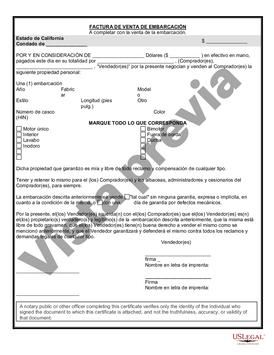 San Diego California Factura de venta de embarcación o barco | US Legal  Forms